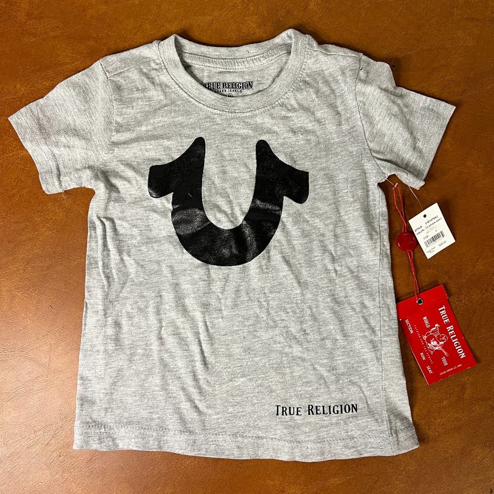 NWT True Religion Grey Logo Short Sleeve T Shirt‎ Youth Boys Size 5 #308